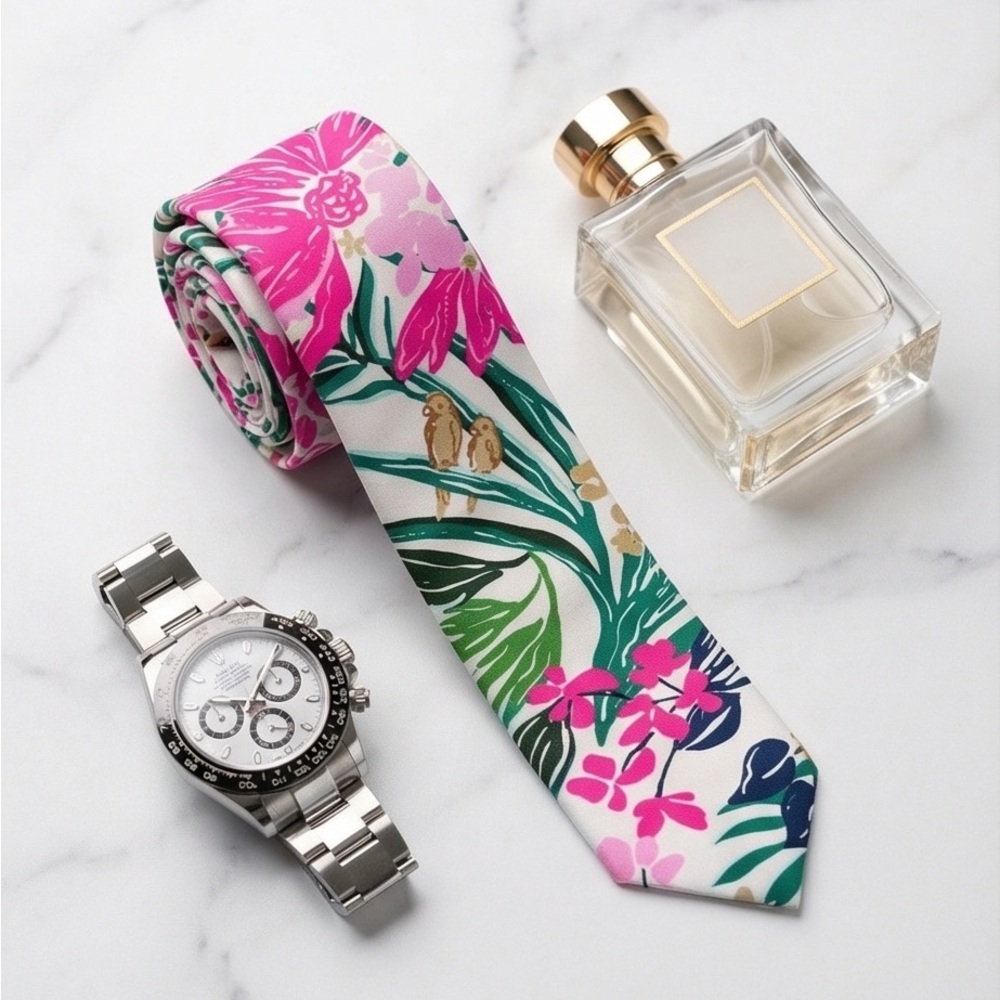 Floral Tropical Cotton Tie - Pink & Green